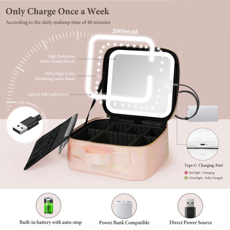 Portable 3-Color LED Makeup Bag with Detachable Mirror